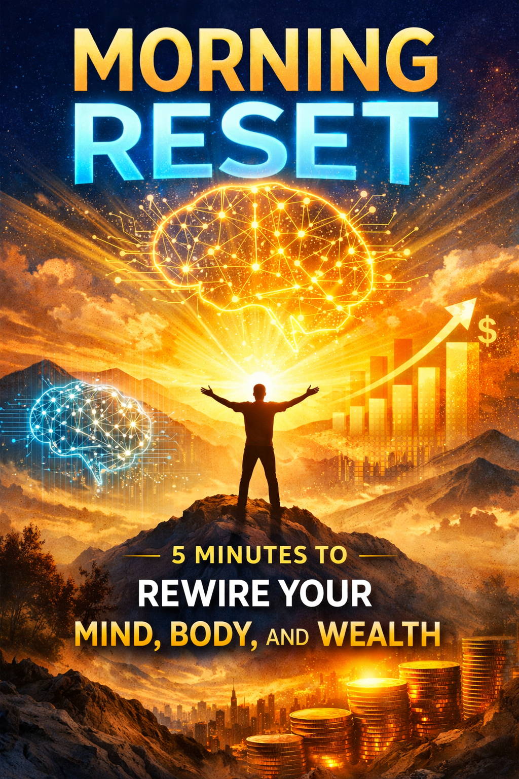 Book cover of 'Morning Reset' with a silhouette of a person on a mountain, glowing brain, and financial symbols.