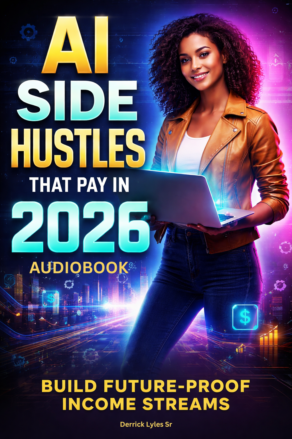 Book cover of 'AI Side Hustles That Pay in 2026' with a woman holding a laptop against a futuristic cityscape background.