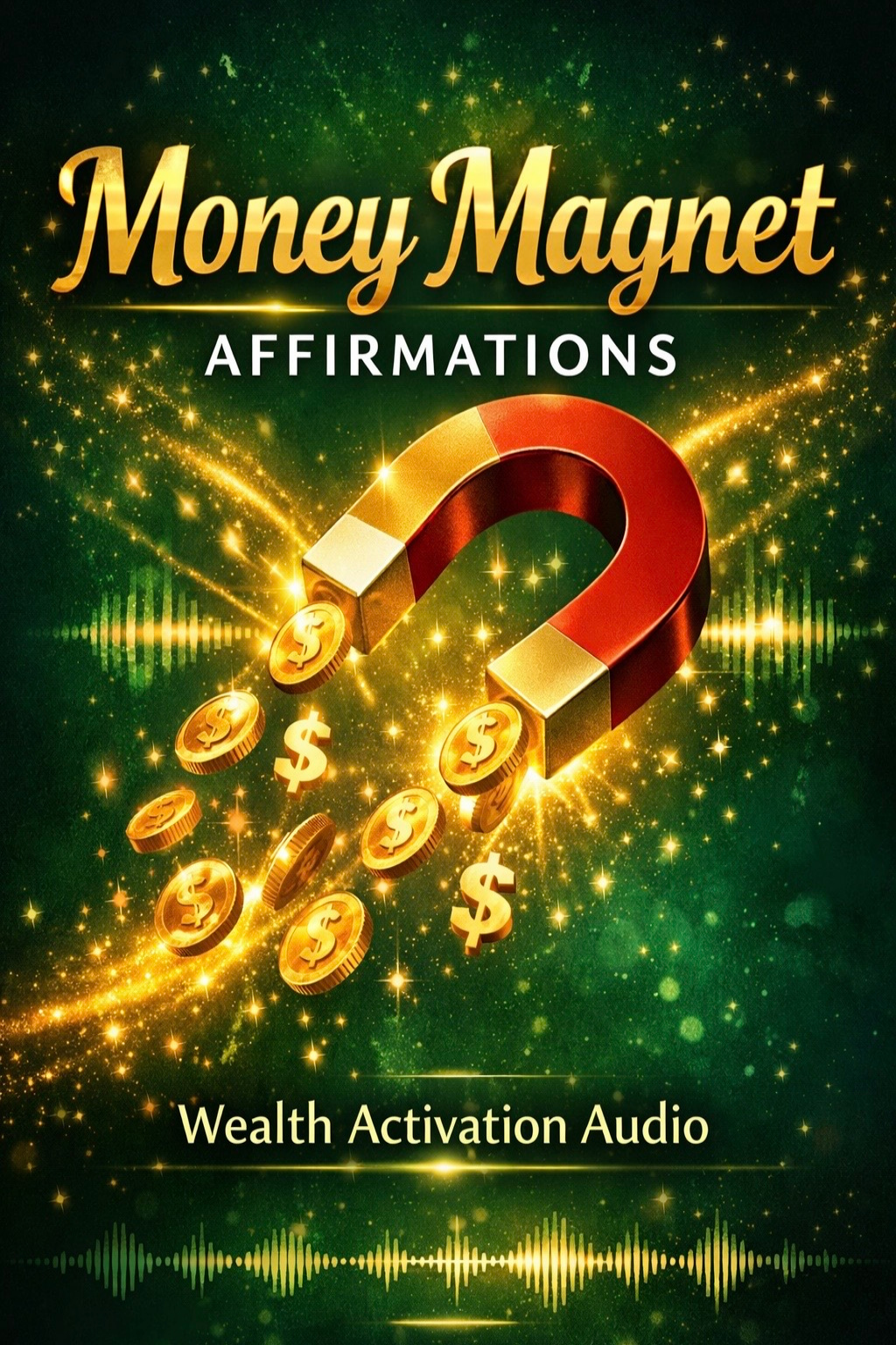 Cover of 'Money Magnet Affirmations' with a magnet attracting gold coins on a green background.