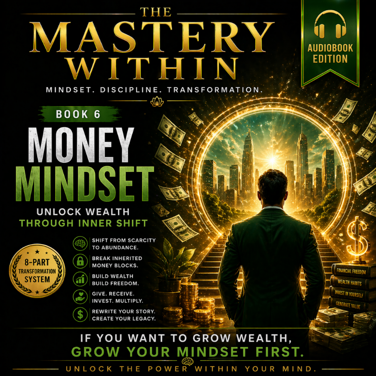 Book cover of 'The Mastery Within' focusing on 'Money Mindset' with a man looking into a money-themed portal.