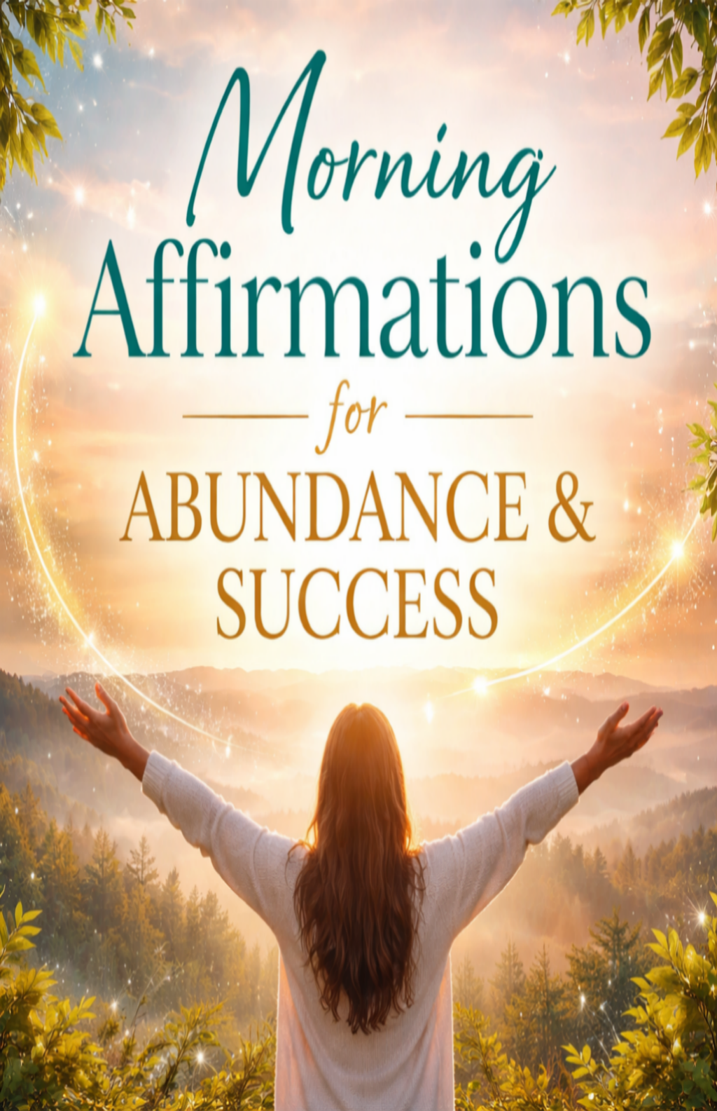 Person with arms outstretched in nature with 'Morning Affirmations for Abundance & Success' text overlay