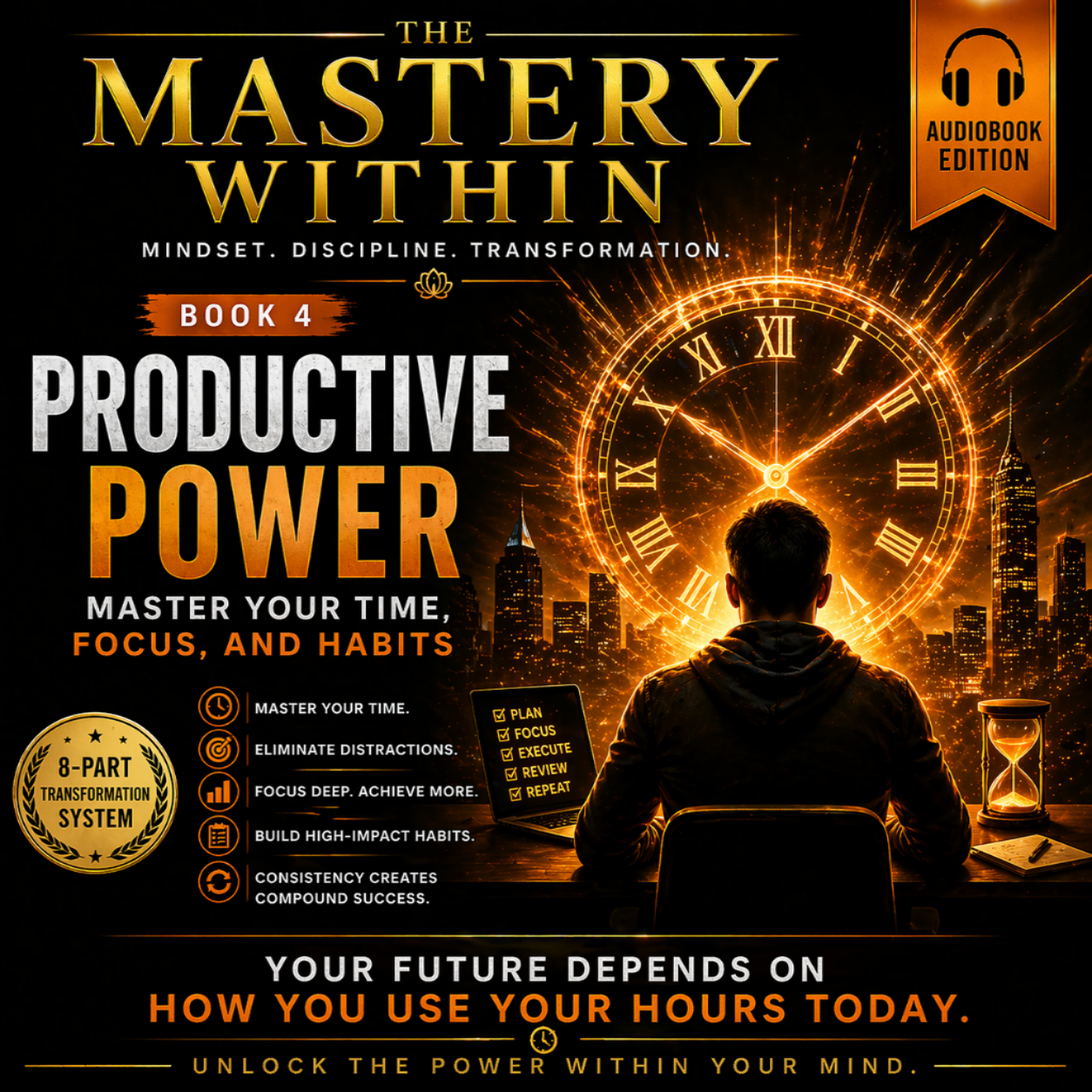 Book cover of 'Productive Power' with a person looking at a glowing clock, urban skyline, and text about mindset, discipline, and transformation.
