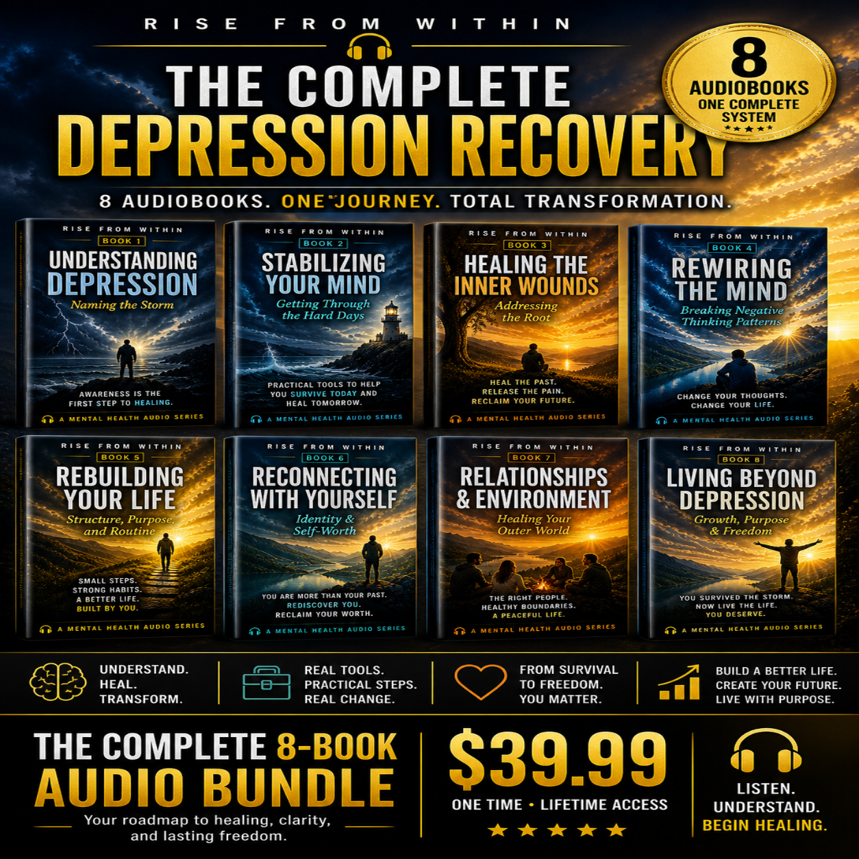 Rise From Within complete 8-book depression recovery audiobook bundle cover with mental health healing system and $39.99 price.