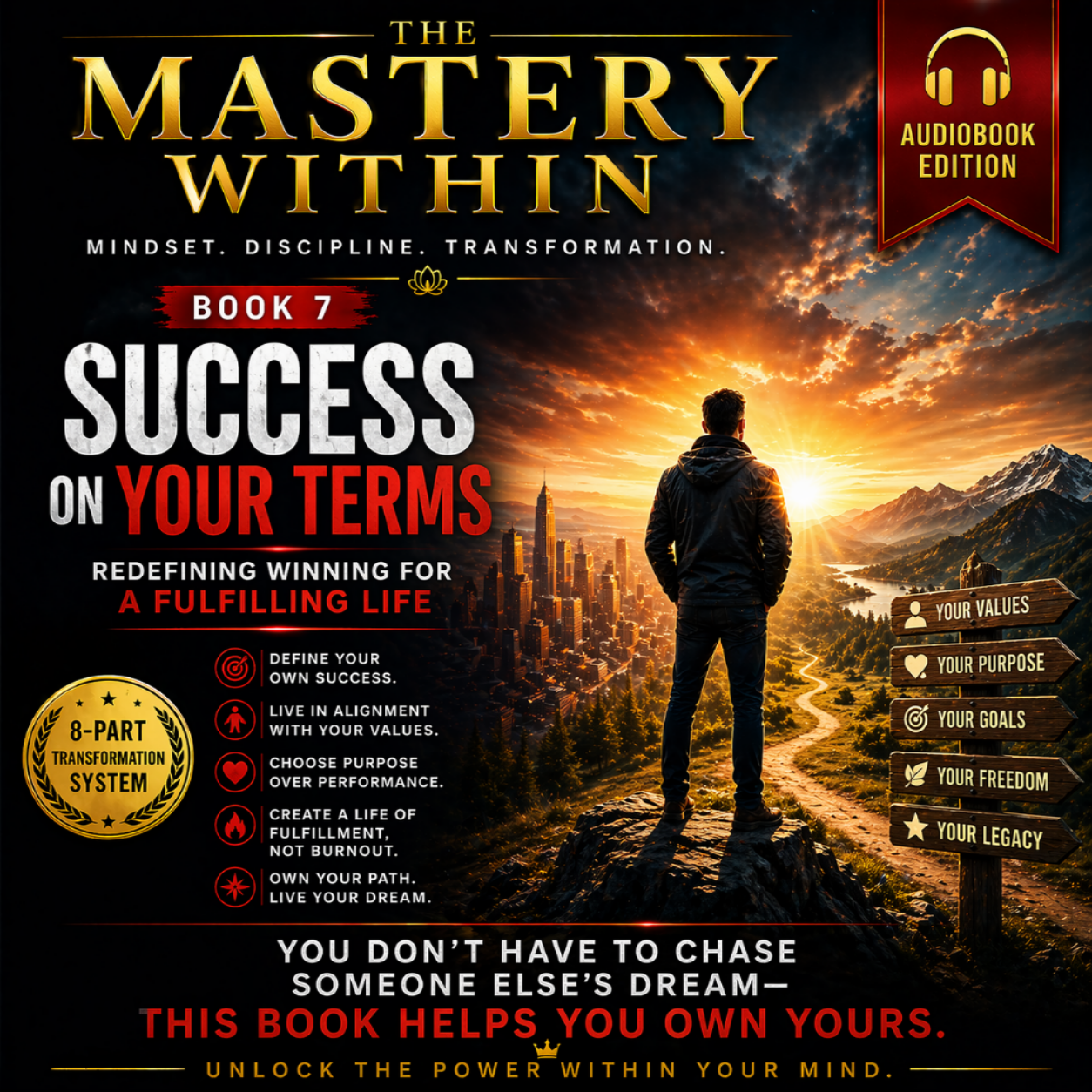 Audioobook cover of 'The Mastery Within' with a person looking at a cityscape and mountains.Success on Your Terms: Redefining Winning for a Fulfilling Life (Book 7)