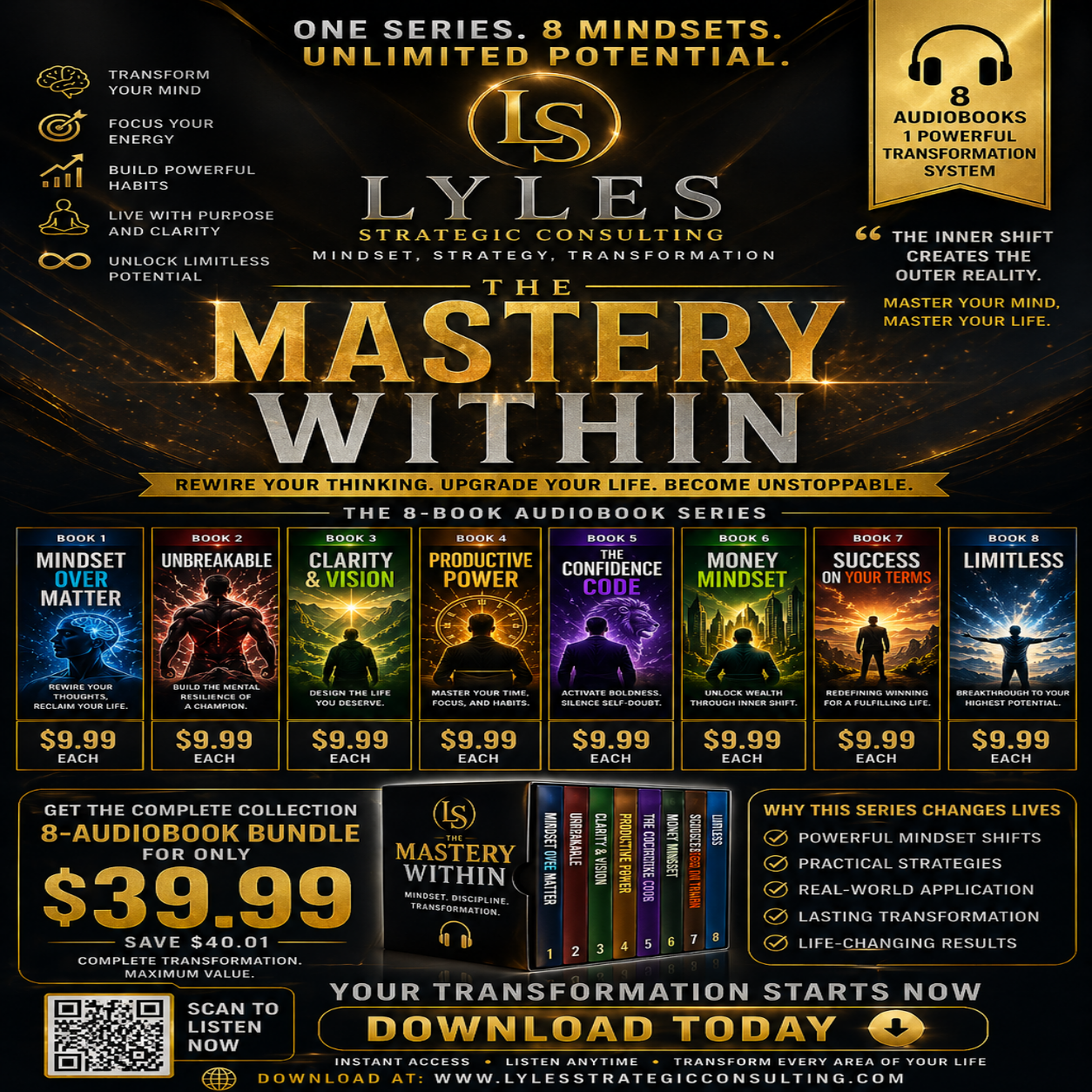Unlock your full potential with The Mastery Within — an 8-part audiobook series focused on mindset, discipline, confidence, wealth, and success. Rewire your thinking and transform your life today.