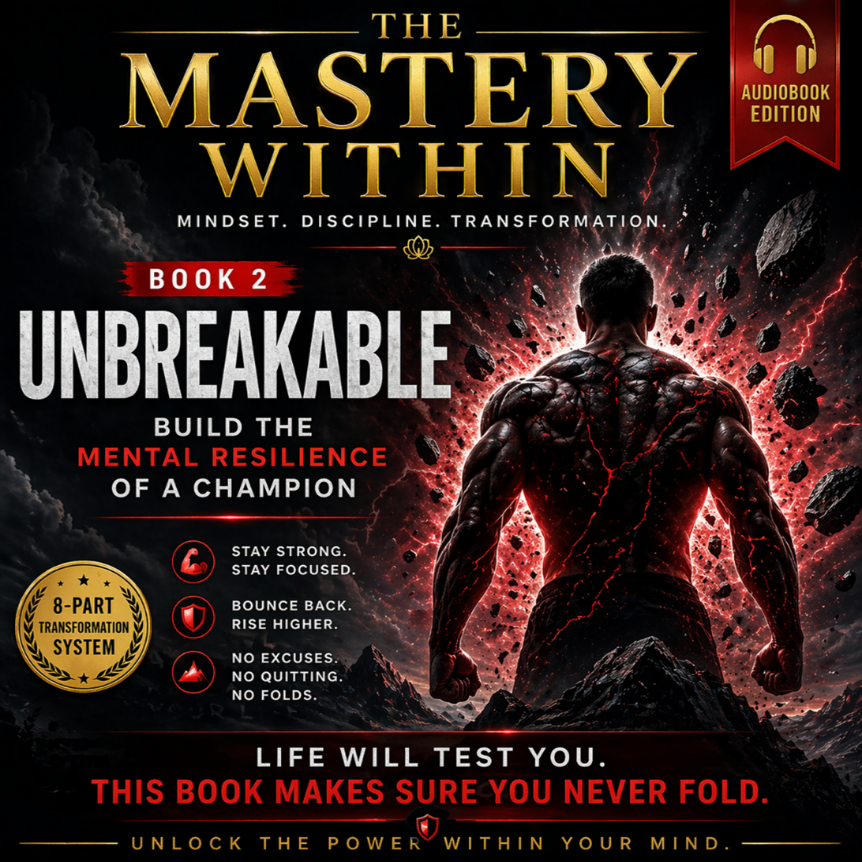 Book cover of 'The Mastery Within: Unbreakable' with a muscular figure and motivational text.