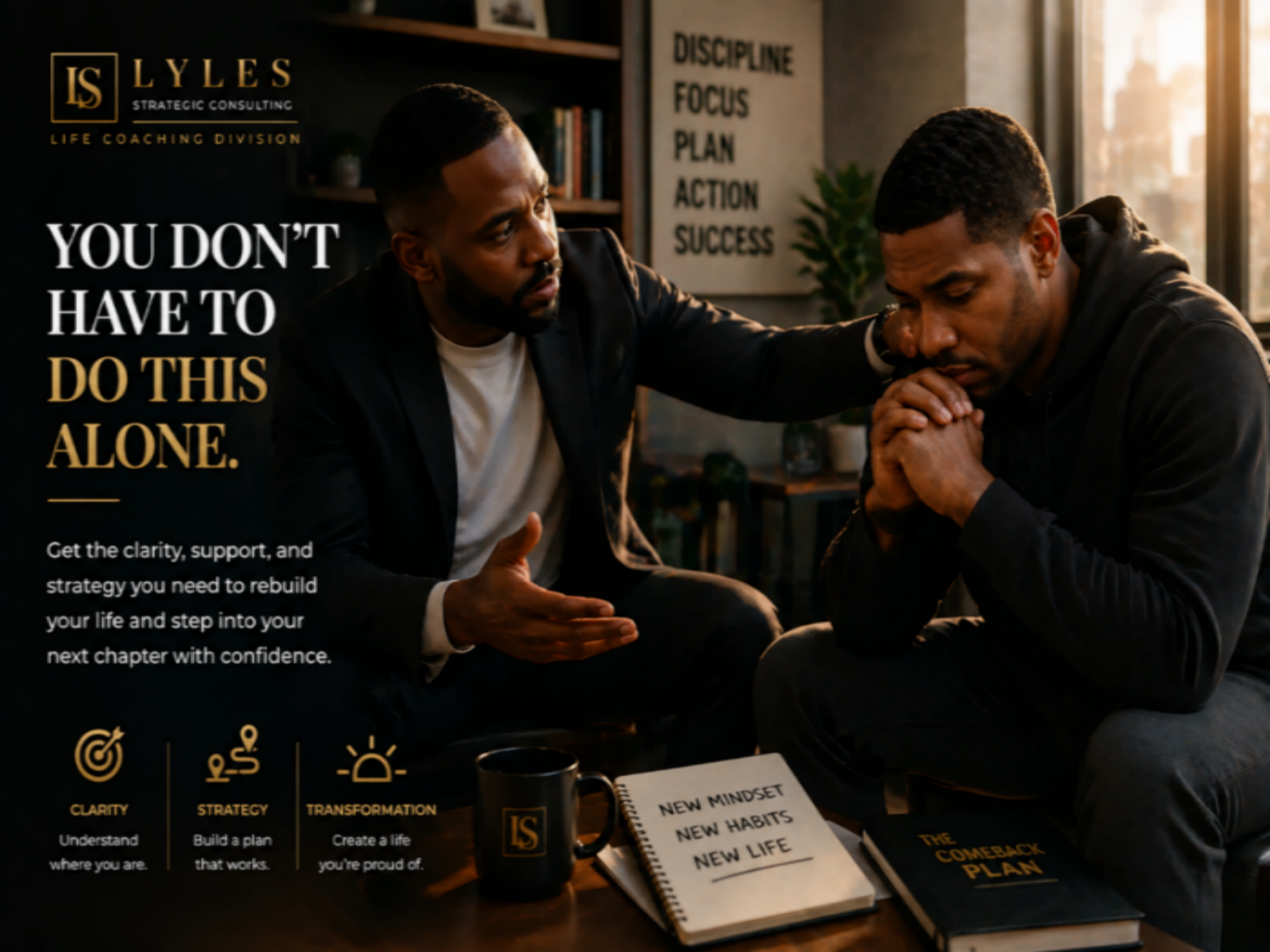 Two men sitting together with a motivational quote and branding text overlay.