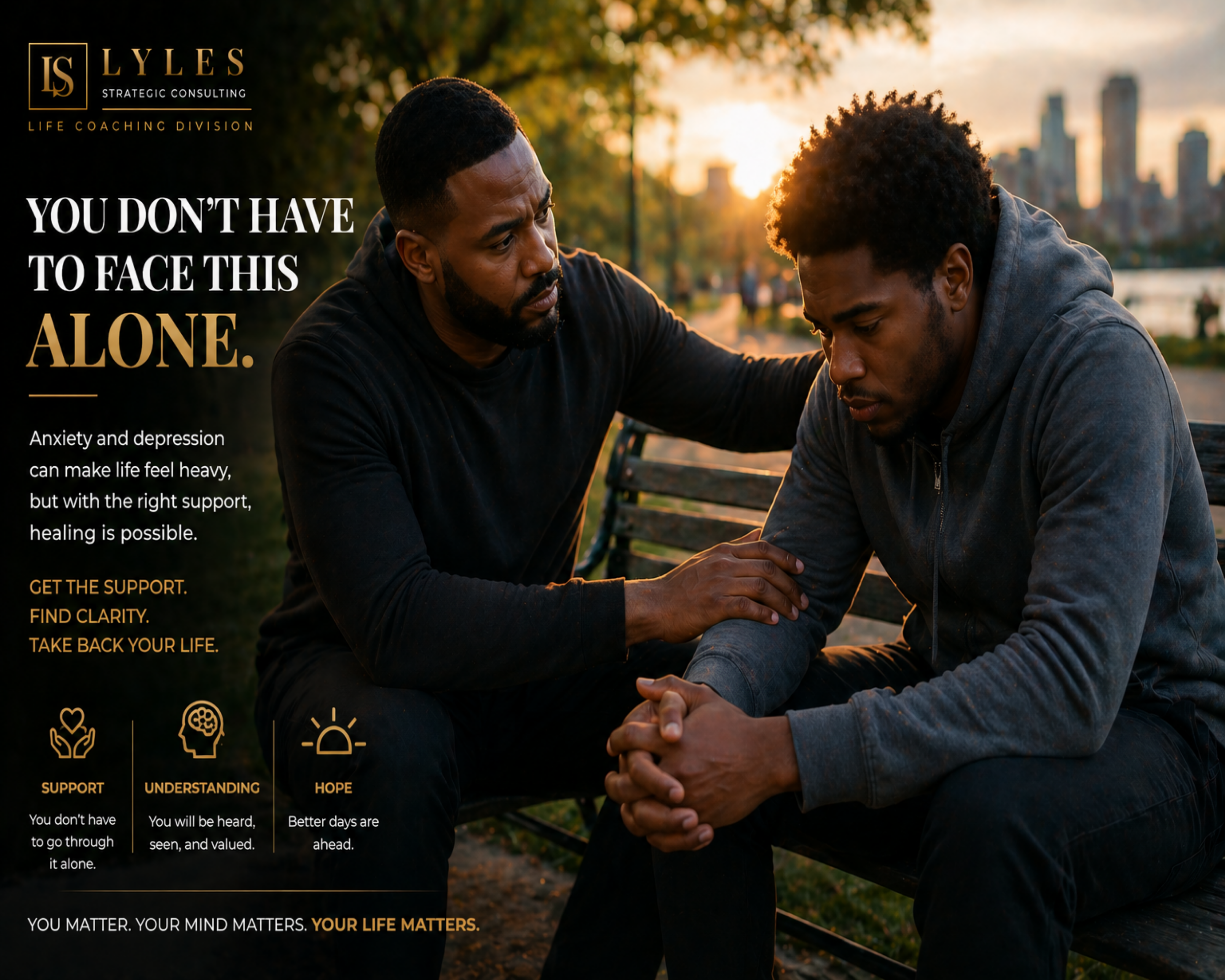 Two men sitting on a bench with text about mental health support, set against a cityscape.